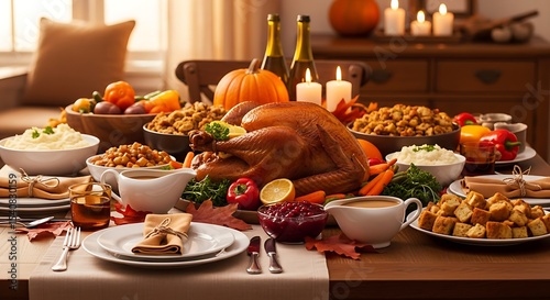 Traditional Thanksgiving Dinner Table Setting with Roasted Turkey Pumpkin Candles and Autumn Decor for Family Celebration and Festive Holiday Gathering