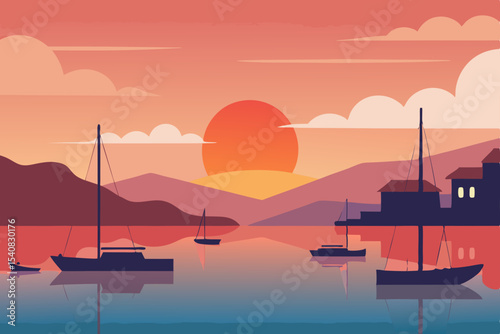 A lone fishing boat drifts on the serene water, silhouetted against the vibrant sunset sky
