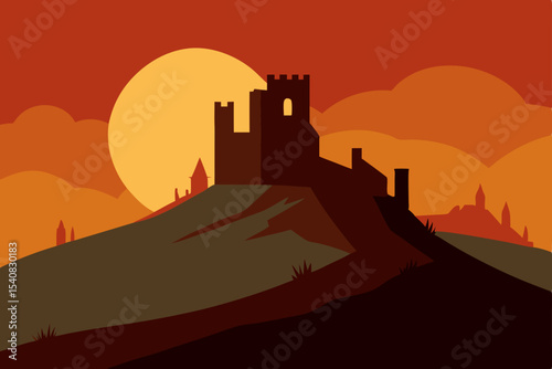 Vector illustration of an orange sunset city skyline with a silhouetted castle and urban buildings against a dusk sky