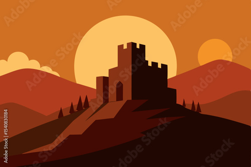 Urban skyline at dusk with the sun setting behind silhouetted buildings and an orange sky