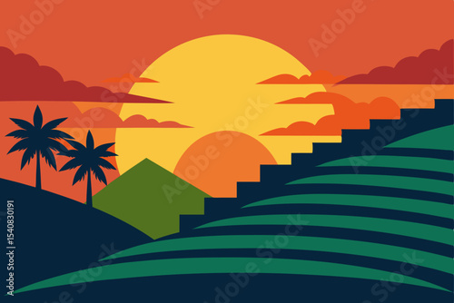 Golden sunset sky over desert mountains with a lone tree silhouette, a vibrant summer nature landscape illustration