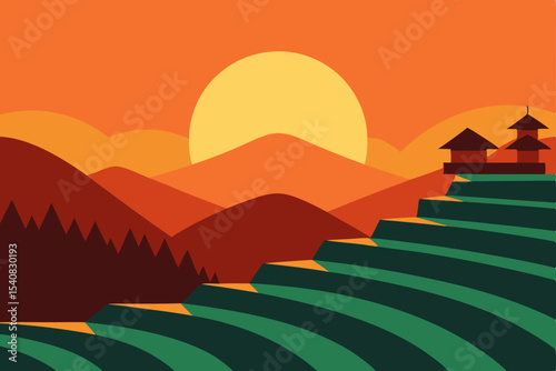 Vector illustration of a mountain landscape with a fiery sunset sky and trees