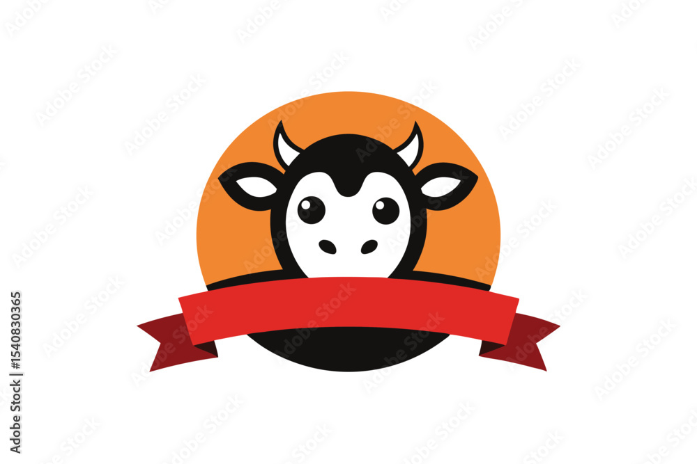 Fototapeta premium Cartoon Cow Head with Ribbon in Circle Logo Icon Design