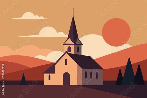 Old rural European church building with a steeple cross on a hill against a blue sky