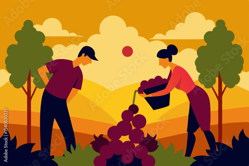 Family love silhouette with father and children on a vineyard at sunset