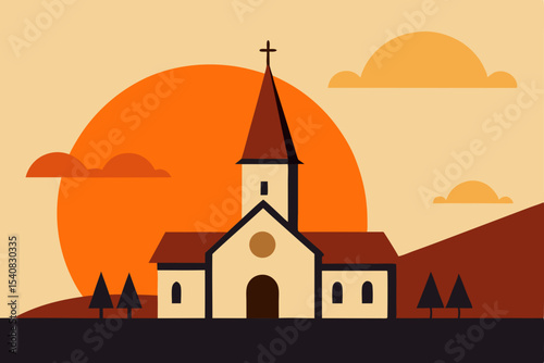 Vector illustration of a European church silhouette at sunset, with a city skyline and trees