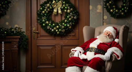 Resting Santa Claus in Decorated Room Exhausted after Delivering Gifts on Christmas Eve Festive Holiday Season Symbolizing Tradition and Joy