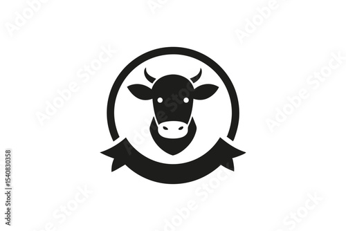 Cow with Ribbon in Circle Logo Icon Design Graphic