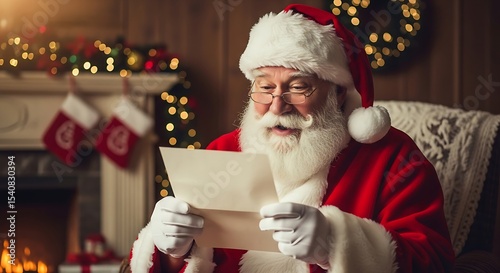 Santa Claus Reading Letter at Home in Cozy Christmas Setting near Fireplace with Stockings Giving Off Joyful Seasonal Holiday Spirit and Festive Mood