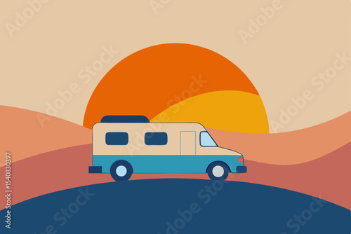 Automobile travel design with family caravan on road and vacation truck on the beach illustration