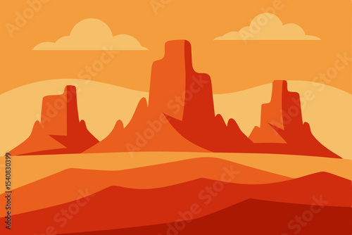 Monument Valley desert landscape vector illustration with mountains and sunset sky