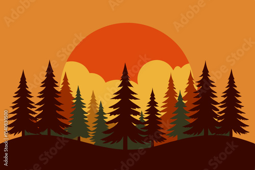 Winter mountain forest sunset with festive holiday trees and snow landscape