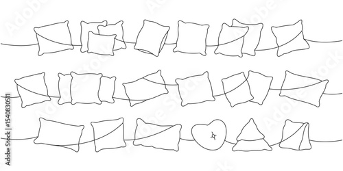 Warm cozy pillows one line continuous drawing. Fluffy pillows for sleeping. Vector illustration.