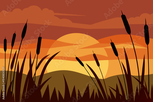 Golden sunlit reeds in a vast field at sunset, silhouetted against the vibrant evening sky