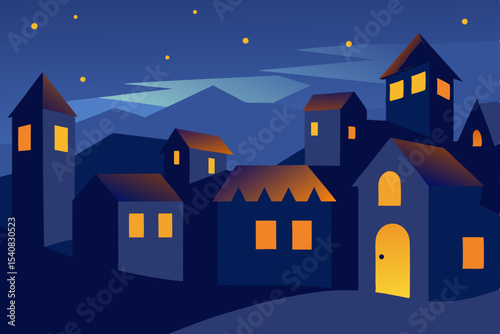 Spooky house silhouette under a dark night sky with a shining moon, perfect for a haunted Halloween town illustration