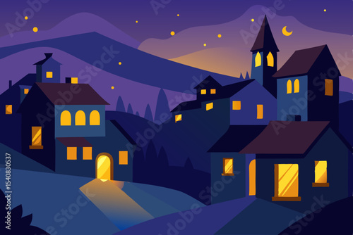 Spooky haunted house vector illustration under a dark Halloween night sky with bats flying over the old castle