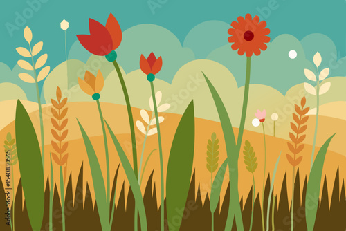 Summer meadow with blooming poppies, a vibrant floral field illustration for nature and garden designs