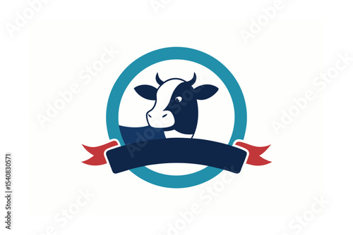 Cow with Ribbon Around Horn in a Circle Logo Icon Design