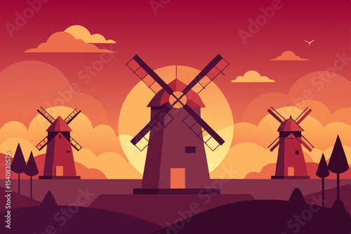 Old Dutch windmill in a rural summer landscape under a vast sky