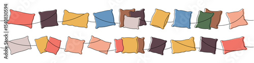 Fluffy pillows one line colored continuous drawing. Warm cozy pillows. Vector illustration.