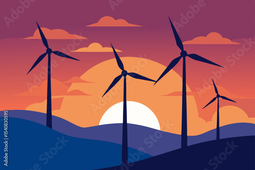 Wind turbines harness green energy against a vibrant sunset sky