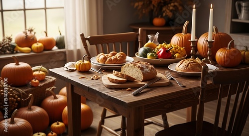 Thanksgiving Table Decor and Food Scene Autumn Harvest Feast with Pumpkins Candles Bread and Fruits Elegant Dinner Rustic Warm Ambience
