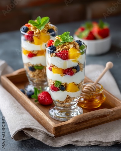 Colorful fresh fruit and yogurt parfait with berries and honey in glasses