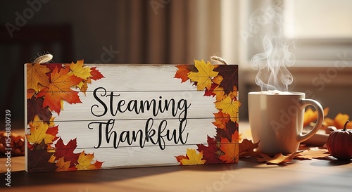 Autumn Thanksgiving Sign with Steaming Coffee Cup Warm Aesthetic Composition Celebrating Seasonal Gratitude and Hospitality Welcoming Autumnal Vibes Inviting Warmth and Comfort Capturing Thanksgiving