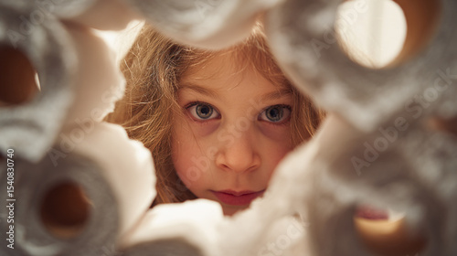 A young girl with blonde hair looking through a tunnel of white toilet paper rolls close up view