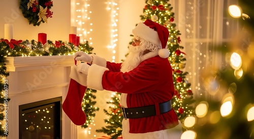 Santa Claus Holding Red Stocking by Fireplace in Festive Christmas Home Decorating Concept Celebratory Holiday Atmosphere Traditional Celebration Merry Christmas Scene