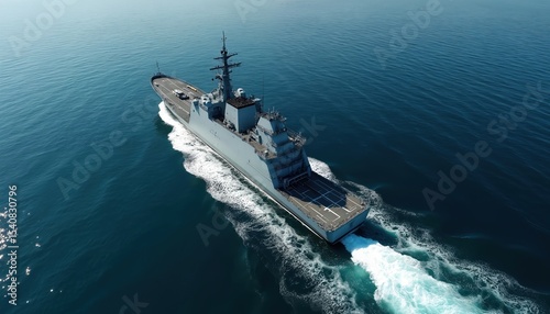 Aerial shot of military navy ship in open sea. Amphibious warship moves at high speed with white trail. Naval transport vehicle for military operations, assault force. Blue ocean.