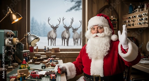 Santa Claus at Toy Workbench with Reindeer Watching Santa Crafting Toys in Cozy Workshop Christmas Holiday Spirit Magical Winter Scenery