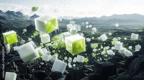 A stunning series of white and lime green fireworks creating overlapping cubic shapes that stand out against a high-altitude rocky plains setting.