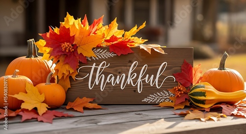 Autumn Harvest Still Life with Pumpkins and Thankful Sign Thanksgiving Decoration Display in Warm Sunlight for Fall Holidays and Seasonal Greetings