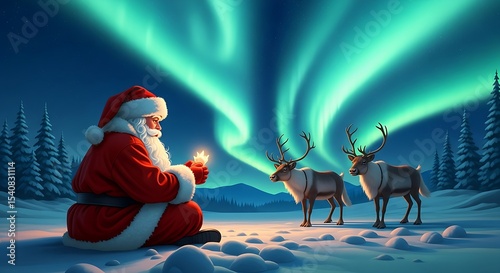 Santa Claus Lighting Candle with Reindeer Under Aurora Borealis in Winter Wonderland Christmas Magic with Holiday Spirit and Festive Atmosphere and Northern Lights