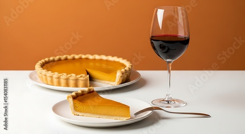 Elegant Pumpkin Pie Display Autumn Harvest Celebration Dessert Presentation with Wine Pairing Festive Holiday Table Setting Culinary Photography