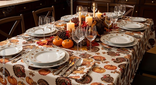 Thanksgiving Table Setting with Pumpkin Decorations Centerpiece and Candles for Festive Dinner Celebration at Home on Autumn Background