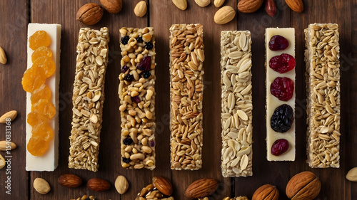 Variety of Healthy Snacks with Nuts, Dried Fruits, Oats, and Energy Bar on Wooden Surface for Nutritional Choices and Dietary Inspiration
