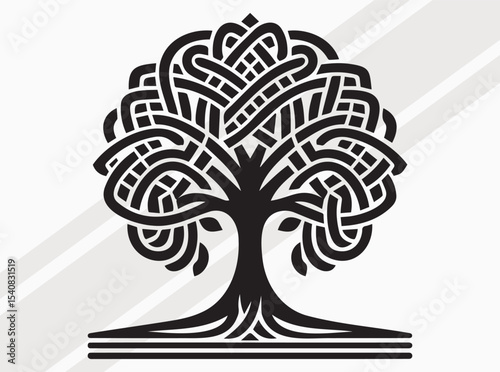 Celtic Tree of Life with Interwoven Knotwork Branches and Roots in Black Silhouette Illustration, Celtic Knot Tree SVG, Tree Silhouette 