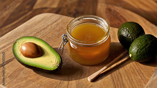 Jar of golden honey next to a halfcut avocado on a wooden surface creating a cozy scene
