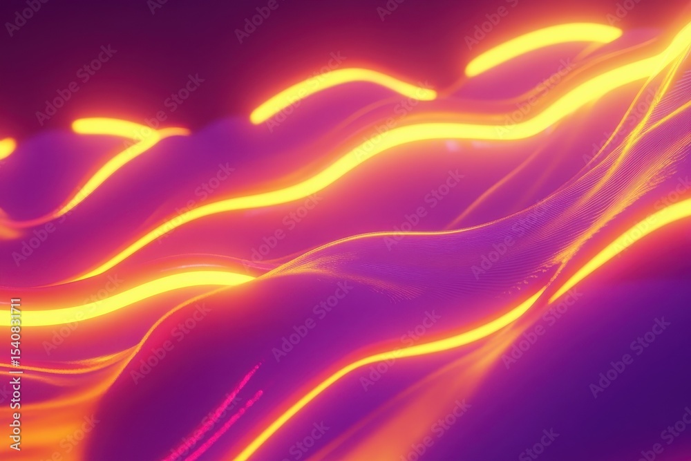 Obraz premium Vibrant violet and yellow neon waves create an abstract glowing pattern, Violet yellow glowing neon curved waves abstract motion background