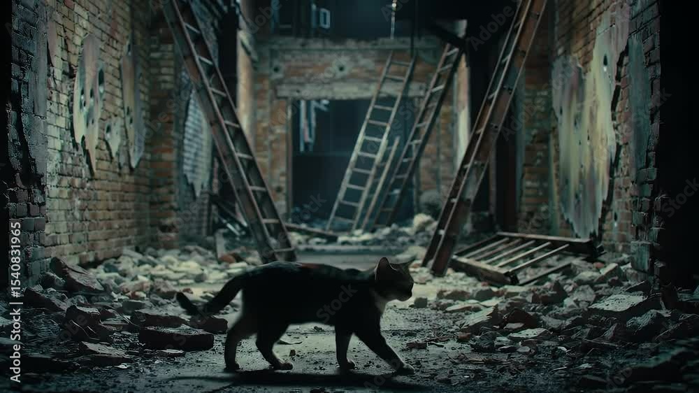 Deserted corridor in a ruined building featuring a cat and damaged walls