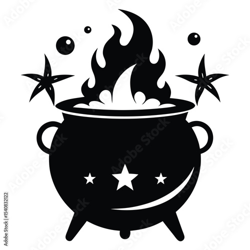 Black Silhouette of a Witch's Cauldron with Flames, Stars, and Bubbles Illustration