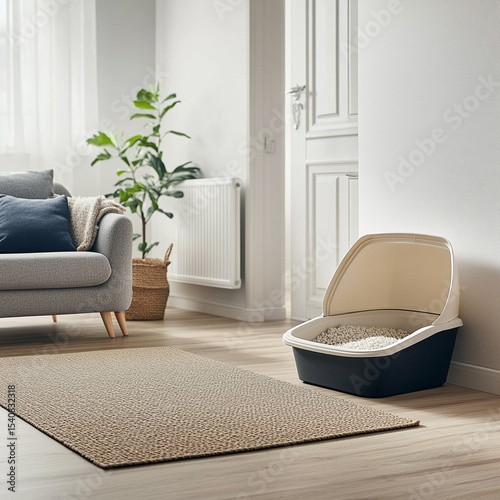 An open cat litter box is placed in the living room