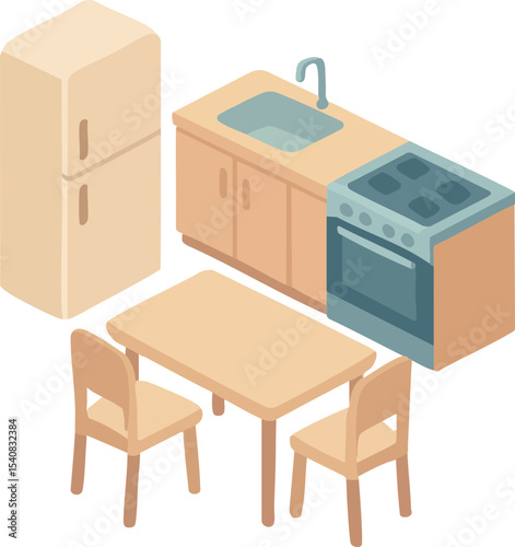 An isometric illustration of a compact kitchen setup featuring a refrigerator, sink cabinet, stove, table, and two chairs in soft pastel colors.