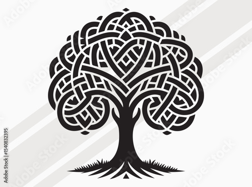 Celtic Tree of Life with Interwoven Knotwork Branches and Roots in Black Silhouette Illustration, Celtic Tree of Life Clipart, Celtic Tree Silhouette Vector, Celtic Knot Tree SVG, Tree Silhouette 