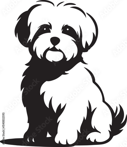 Sitting shih tzu dog cute black silhouette, Small dog pet silhouette black white design