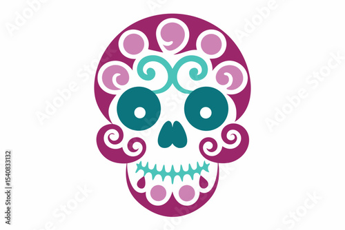 Vibrant Sugar Skull with Floral Retro Swirls on White Background – Día de loss Muertos Art