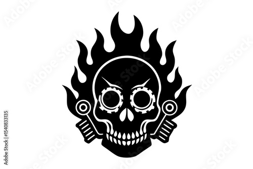Flaming Skull Head with Vintage Motorcycle Engine Parts – Dark Automotive Art