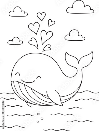 Happy Whale Spraying Heart-Shaped Water – Cute Ocean Coloring Page for Kids